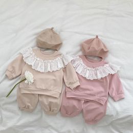 Clothing Sets 2023 Spring Baby Girls Clothes Solid Hoodie Sweatpants 2Pcs Korean Lace Crewneck Tops Pants Toddler Girl Outfits
