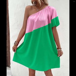 Casual Dresses Sexy One Shoulder Swing Elegant Ladies Patchwork Party Summer For Women Loose Boho Beach Sundress Robe Femme