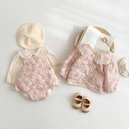 Down Coat 2023 Korean Ins Winter Newborn Girls Clothes Set Cotton Padded Floral Romper Solid Top Button Pocket Jacket Toddler Girl Outfit HKD230725