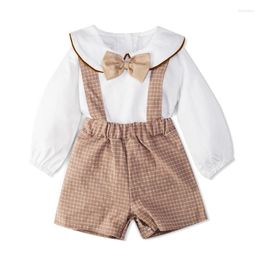 Clothing Sets Boys & Girls Luxury Boutique Set Unisex Preppy Style Performance Outfits Summer Cotton Daily Wear Khaki Plaid Overalls 2PCS