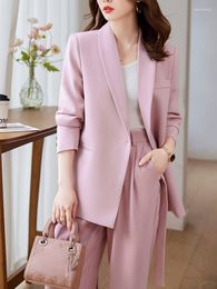 Women's Two Piece Pants Fashion Korean Women Office Pink Suit Two-Piece Pantsuit Elegant Blazer Female Set Casual Loose Jacket Work Clothes