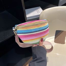 Evening Bags Colorful Straw Waist Bag Women Fashion Casual Woven Chest Crossbody Large Capacity Fanny Pack for Shoulder 230724