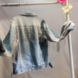 Women's Jackets Cakucool Denim Jacket Tassels Chains Jeans Korean Loose Jean Shimmer Punk Design Coat Casual Girls Outerwear