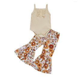 Clothing Sets 2023-01-08 Lioraitiin Baby Girl Pants Set Square Neck Solid Ribbed Buttoned Crotch Romper Floral Elastic Waist Flared Long