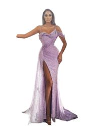 Lilac Prom Dresses Long Glitter Spaghetti Straps Split Side High Sexy Evening Gowns