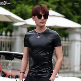 Men's T Shirts Korean Personality Short Sleeve T-Shirt Male Tide Round Neck Fashion Stitching PU T-Shirts Mens Black Dress Tops S-4XL