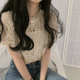 Womens Blouses Shirts High Quality Summer Elegant White Lace Blouse Shirt Women Short Sleeve Sexy Streetwear Hollow Out Embroidery Autumn Tops 230726