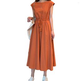 Casual Dresses Summer Dress Women 2023 Sleeveless A-line Loose Hem Pletaed High Tight Waist Solid Color Round Neck Midi