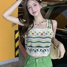 Women's Tanks Summer Hollow Out Striped Print Women Tank Top Sweet Cute Student Flowers Fashion Harajuku Oversized Knitted Vest Clothing