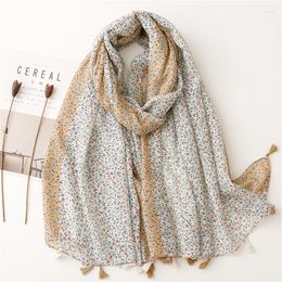 Scarves Japanese Style Fresh Cotton And Linen Feel Scarf Silk Voile Small Floral Positioning Shawl With Tassel For Women
