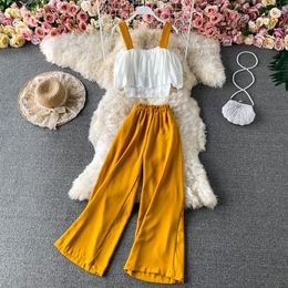 Women's Two Piece Pants Fashion Beach Holiday Casual Trousers Suit Summer Women Sleeveless Cropped Tops Wide-Leg Pantsuit Female Solid Boho