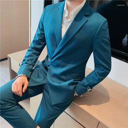 Men's Suits (Jacket Pants) Fashion Trend Buckle Design Set For Business Leisure Slim Fit Solid Colour Groom Wedding 2-Piece Se