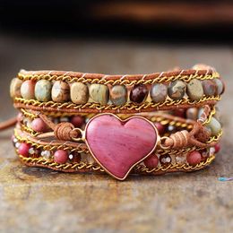 Bangle Luxury Heart Shape Wrap Bracelets W/ Jaspers Crystal 3 Strands Leather Chain Bracelet Fashion Jewellery Bijoux Drop 230726