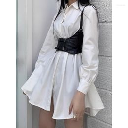 Women's T Shirts 2023 Summer Korean Polo Collar Solid Colour Casual Long-sleeved Shirt Women Sexy All Match Leather Girdle Two-piece Suit
