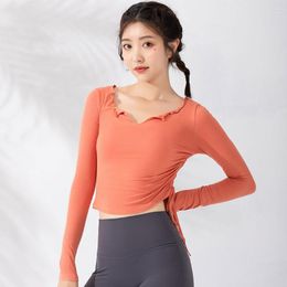 Active Shirts Drawstring Sexy Women Crop Top Sport Slim For Fitness Yoga Long Sleeves Workout Gym Wear Solid Running Shirt