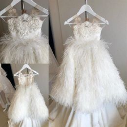 2020 Real Pictures Flower Girl Dresses Jewel Neck Lace Appliqued Feather Luxury Girls Pageant Dress Party Wear Custom Made Kids Fo250o