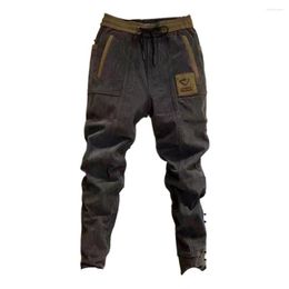 Men's Pants Mid-rise Drawstring Elastic Waistband Contrast Colour Pockets Men Autumn Solid Corduroy Harem Trousers