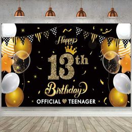 Background Material 13th Birthday Party Background Banner Poster 13-year-old Girl Boy Black Gold Balloon Youth Background X0725