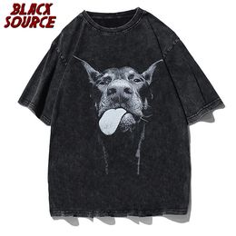 Men's T-Shirts Men Gothic T-shirts Hip Hop Streetwear Letter Dog Printed Punk Tops Summer Vintage Washed Oversized Short Sleeve T Shirts 230725