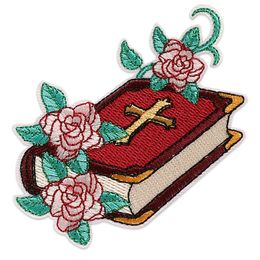 Flower Rose Book Bible Embroidered Patches Appliques for Clothing Cross of Christ Embroidery Sew on Iron on Patch Jackets Bags