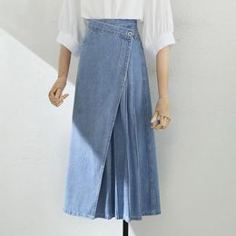 Skirts 2023 Summer Pleated For Women Fashion Irregular Patchwork A-Line Denim Female Korean High Waist Long Skirt