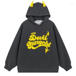 Men's Hoodies 2023 HipHop Streetwear Hoodie Sweatshirt Letters Sticker Embroidery Letter Devil Denim Pullover Retro Harajuku