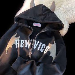 Womens Hoodies Sweatshirts American Retro Little Devil Horn Y2k Women Letter Embroidery Zipper Hooded Sweatshirt Harajuku Casual Loose Jacket Coats 230725J0IR