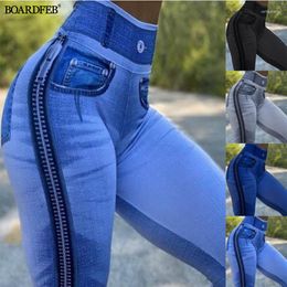 Women's Jeans Women Faux Denim Leggings Lady High Waist Slim Elastic Seamless Skinny Sports Pencil Pants Female Workout Gym Running Trousers