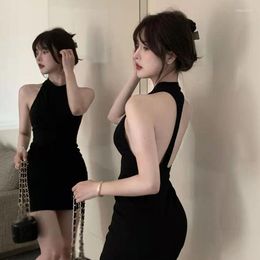Casual Dresses Buttocks Wrapped Slim Fitting Dress Backless Women Solid Color Hanging Neck Sexy Tight Tank Top