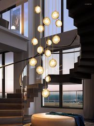 Pendant Lamps Duplex Rotating Crystal Ball Stair Chandelier Nordic Luxury Villa Hollow High Living Room Lobby Bubble LED Long