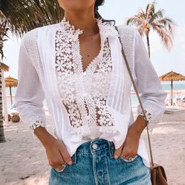 Womens Blouses Shirts Boho INSPIRED white boho shirt Lace Blouse for women Floral Patchwork Hollow out CROCHET LACE TOP autumn ladies tops 230726