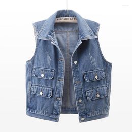 Women's Vests 2023 Solid Turn-down Collar Short Vest Jean Coat Streetwear Women Single Breasted Denim Casual Sleeveless Jacket