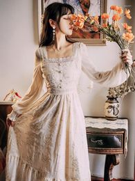 Casual Dresses Spring Women's Maxi Long Fairy Dress French Elegant Flower Embroidery Lace Ruffle Ladies Fashion