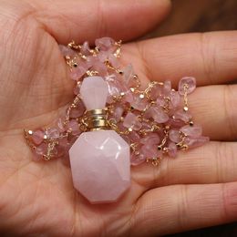Parkas Natural Stone Perfume Bottle Necklace Pink Quartz Pendant Charms for Elegant Women Love Romantic Gift 60 Cm