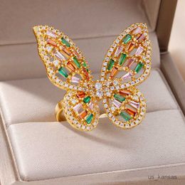 Band Rings Luxury Butterfly Rings for Women Zircon Stone Gold Plated Stainless Steel Ring 2023 Trend Wedding Jewerly R230726