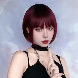 Synthetic Wigs Short Bob Wig With Bangs Synthetic Wigs For Women Straight Ombre Rose Red Pink 10 Inch Heat Resistant Lolita Cosplay Party Hair 230725