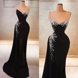 Black One Shoulder Mermaid Evening Dresses Sexy Beading Prom Dress Sleeveless Floor Length Crystal Formal Party Gowns
