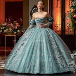 Luxury Shiny Quinceanera Dresses with 3D Flowers Crystal Ball Gown Sexy Off the Shoulder Giltter Sequins Princess Debutante 15 Vestidos