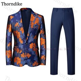 Thorndike Floral Print Men's Wedding Suit Notched Lapel Groomsmen Tuxedos Casual Party Prom Slim Suit Men New Fashion 2 Pcs237O