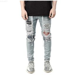 Men's Jeans Fashion Casual Street Hip Hop Travel Sports Plaid Denim Ripped Patch Pencil Pants Slim Stretch Belt Trousers Y2303 L230726