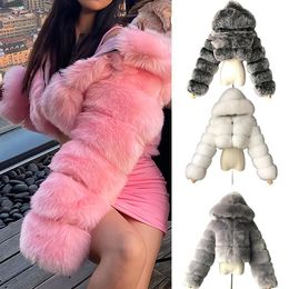 Blazers Winter Warm Fashion Hooded Faux Fur Coat Women S3xl Furry Overcoat Elegant Plush Crop Jacket Femme Color Daily Casual