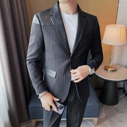 Men's Suits 2023 Style Men Spring High Quality Leather Jacket/Male Slim Fit Stripe Business Blazers/Man Casual Tuxedo