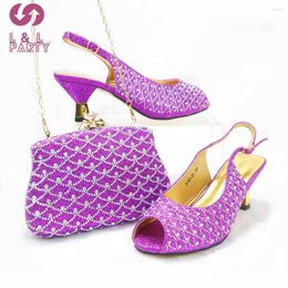 Dress Shoes 2023 Spring Summer Arrivals Italian Women And Bag Set In Purple Color Peep Toe Pumps With Shinning Crystal For Party