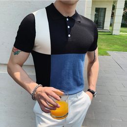 Men's Polos Summer Short-sleeved POLO Shirt Stitching British Style With Slim Fit Stretch Lapel Casual Knitted Sweater