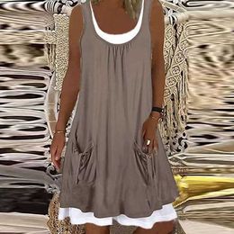 Best selling layered cotton and linen women's casual solid round neck knee length straight tube dress in 2022