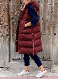 Women's Vests Solid Colour Hooded Jackets Casual Fashion Single-Breasted Long Cotton Jacket Vest Sleeveless Coat