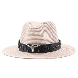 Western Cowboy Adjustable Straw Hat Bowler Panama Fedora Cap with Cow Head Outdoor Beach Sun Hat Sombrero