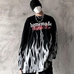 Men's T Shirts Tie-dyed Flame Long-sleeved T-shirt Autumn Loose Large Size Hip-hop High Street Ins Harajuku Hong Kong Style Top