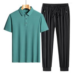 Men's Tracksuits Ice Silk Polo Shirt Pants Casual Sports Set Loose Plus Size Business T-shirt Breathable Wear Mens Clothes