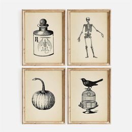 Paintings Sketch Skeleton Poster Vintage Black Bird Wall Art Halloween Party Canvas Painting Nordic Print Picture Living Room Home Decor 230726